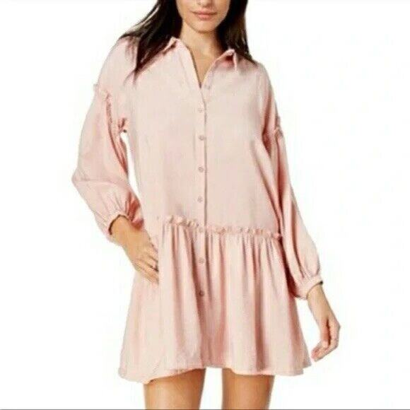 Free People Easy Street Mini Dress Womens S Drop Waist Dusty Pink Button Up Boho - Picture 1 of 13